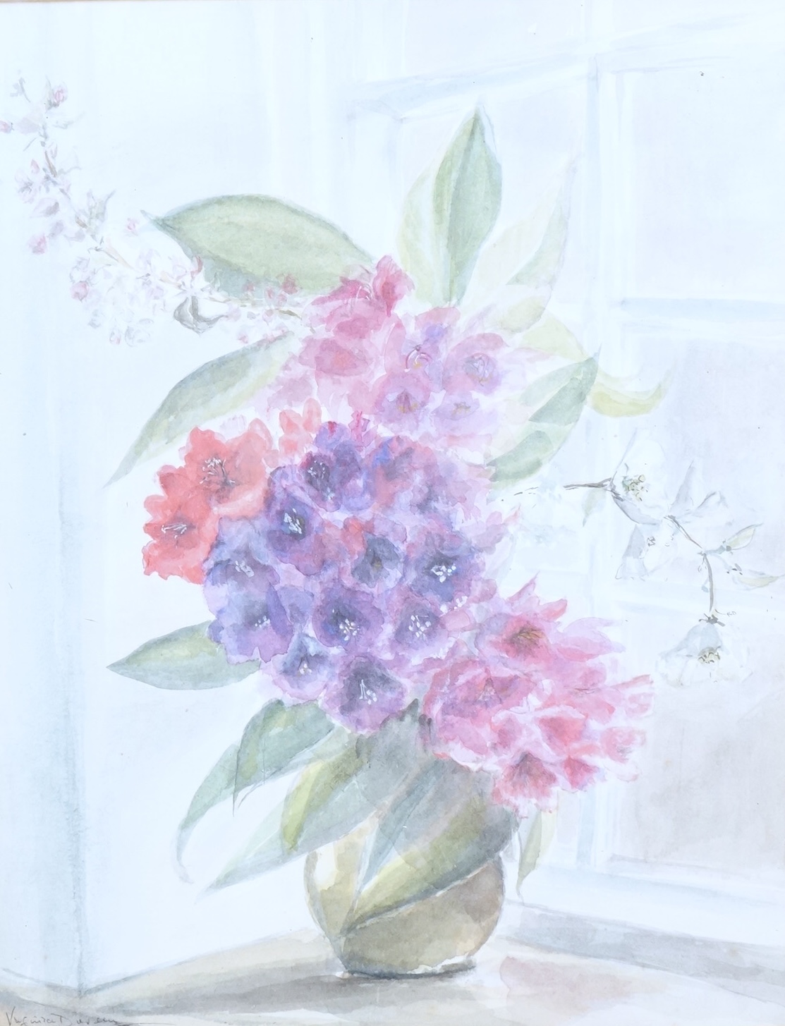 Virginia Duveen, Still life ‘Rhodendrons I’, signed and dated 1984, watercolour, 43 x 33cm